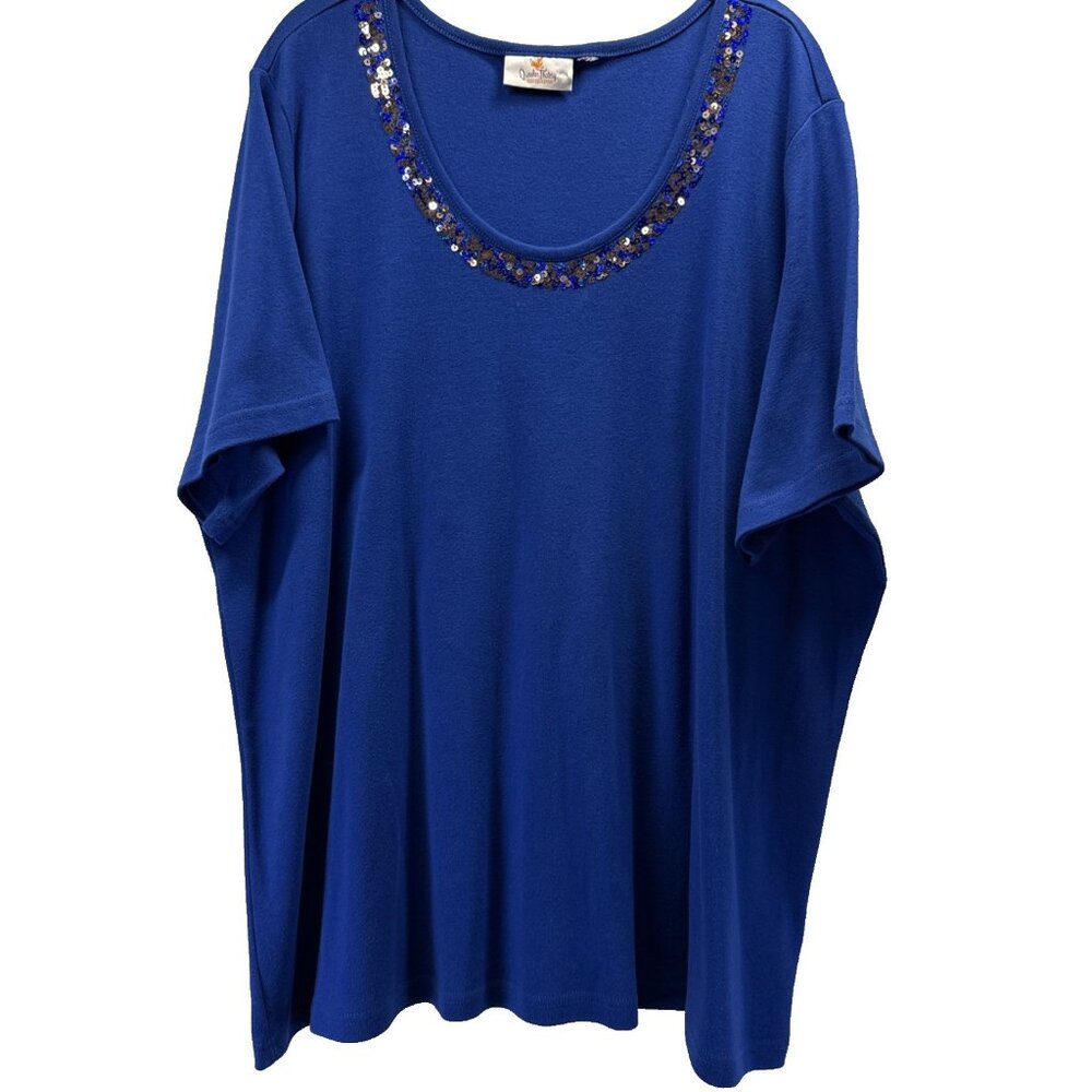 Quacker Factory Womens Top Size 3X Solid Royal Blue Sequin Neckline Short Sleeve